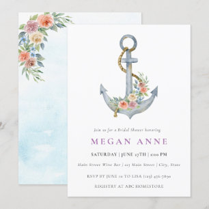 Watercolor Anchor & Flowers Wedding Shower Invite