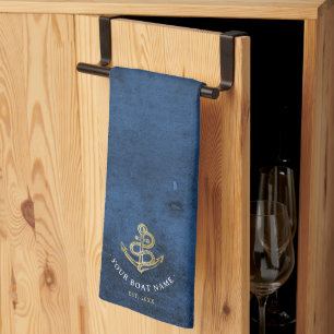 Watercolor Anchor Nautical Add Boat Name Navy Blue Tea Towel