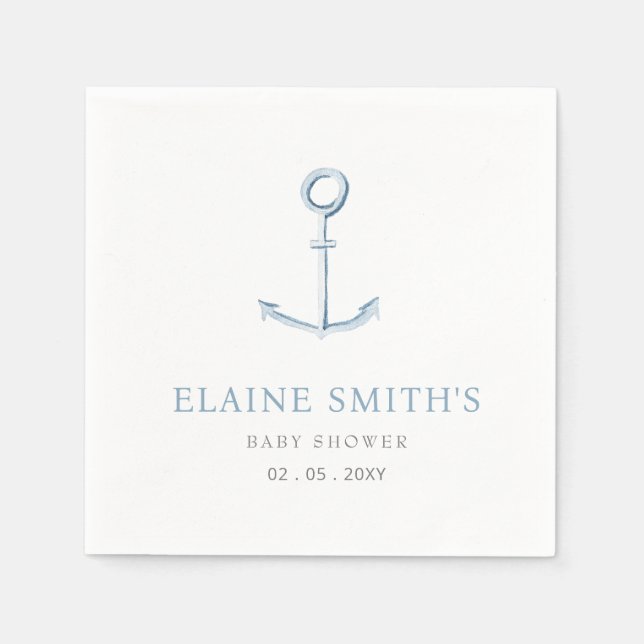 Watercolor Anchor Nautical Blue Beach Baby Shower  Napkin (Front)