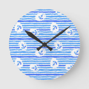 Watercolor Anchor Pattern 1 Round Clock
