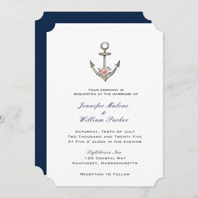 Watercolor Anchor with flowers wedding  Invitation (Front/Back)