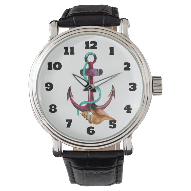 Watercolor Anchor With Rope And Seashell Watch (Front)