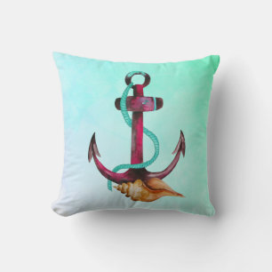 Watercolor Anchor With Seashell in Pink & Green Cushion