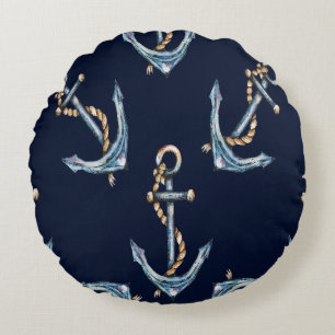 Watercolor Anchors Navy Blue Round Cushion