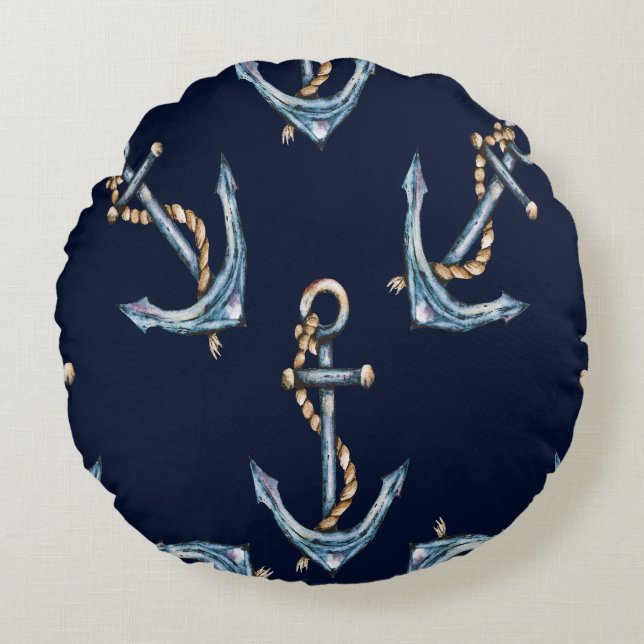 Watercolor Anchors Navy Blue Round Cushion (Front)