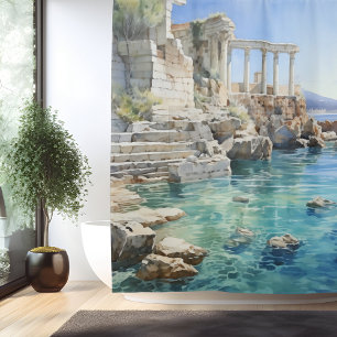Watercolor Ancient Greek Coastal Ruins Shower Curtain