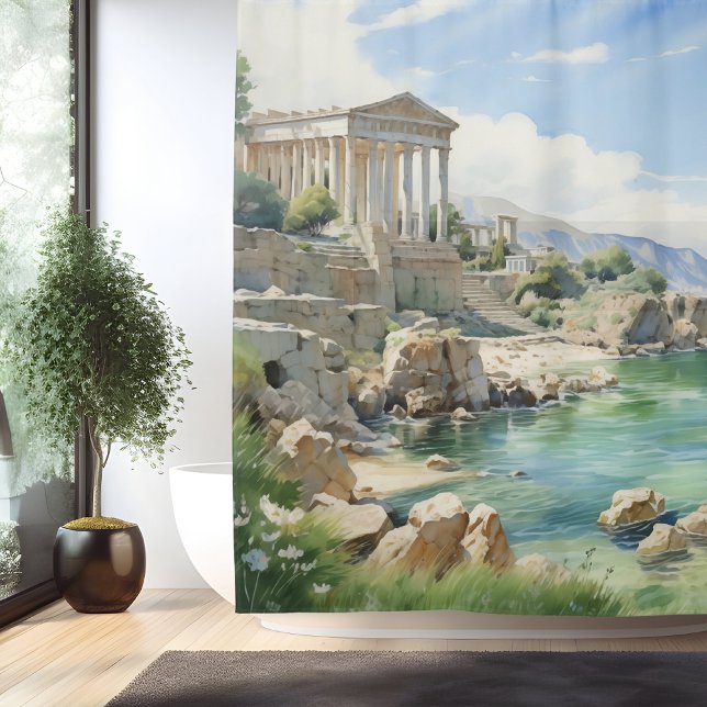 Watercolor Ancient Greek Coastal Ruins Shower Curtain (Creator Uploaded)