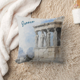 Watercolor Ancient Sites ruins in Athens, Greece Cushion