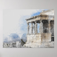 Watercolor Ancient Sites ruins in Athens, Greece