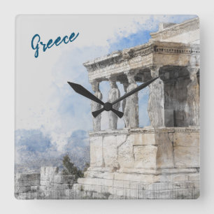 Watercolor Ancient Sites ruins in Athens, Greece  Square Wall Clock