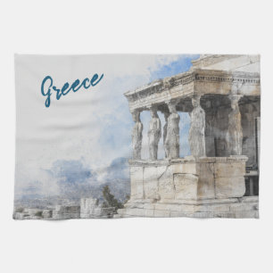 Watercolor Ancient Sites ruins in Athens, Greece Tea Towel