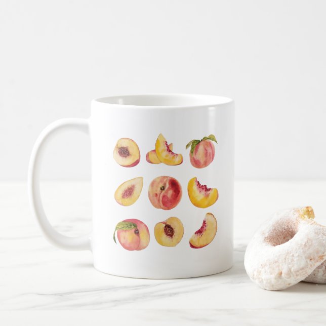  Watercolor And Colourful Fresh Peach Slices, Coffee Mug (With Donut)
