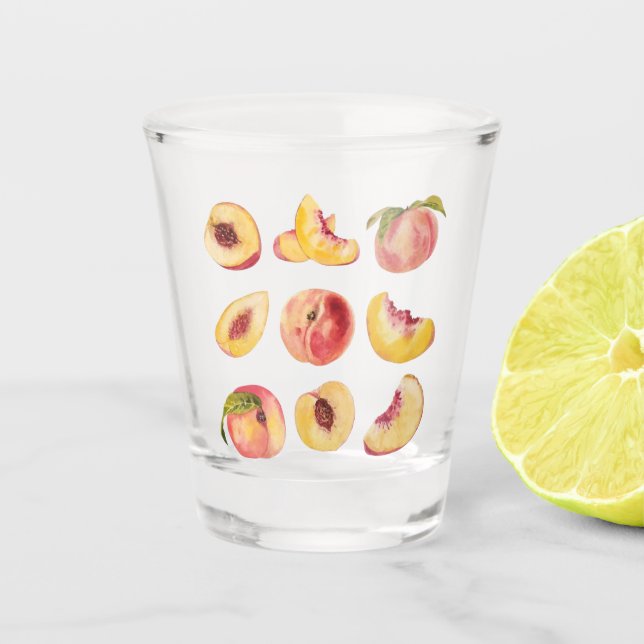 Watercolor And Colourful Fresh Peach Slices, Shot Glass (Front)