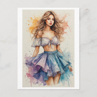 Watercolor and Colourful Young Lady Design on a Holiday Postcard