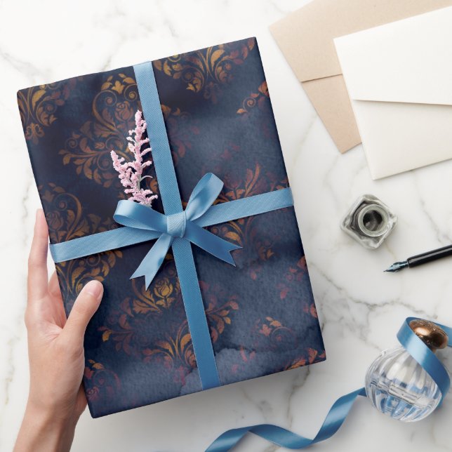 Watercolor and Copper Patina Damask Pattern  Wrapping Paper (Gifting)