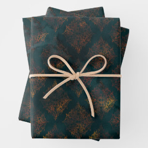 Watercolor and Copper Patina Damask Pattern Wrapping Paper Sheet