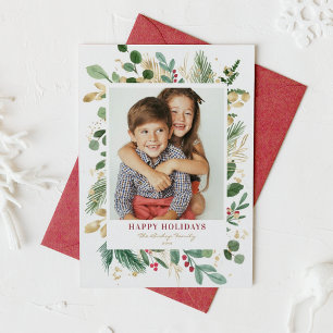 Watercolor and Faux Foil Winter Greenery Photo Holiday Card