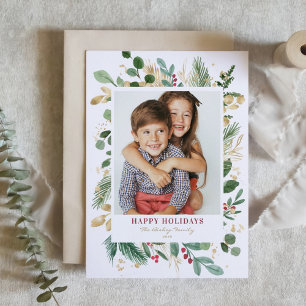 Watercolor and Faux Foil Winter Greenery Photo Holiday Card