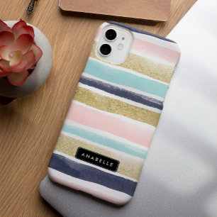 Watercolor and Faux Glitter Stripes iPhone 15 Pro Max Case