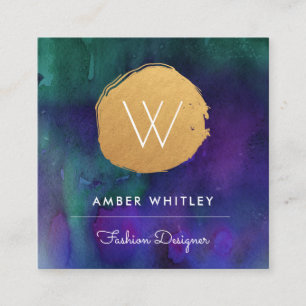 Watercolor and Faux Gold Foil Circle   Teal Purple Square Business Card