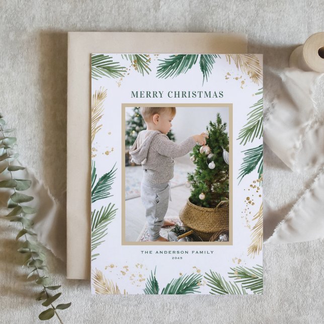 Watercolor and Foil Pine Needles Photo Christmas Holiday Card (Watercolor and Faux Foil Pine Needles Photo Merry Christmas Card)