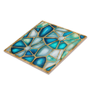 Watercolor and gold cells - ocean - golden frame ceramic tile