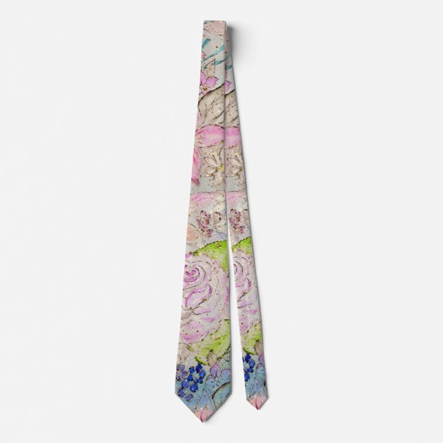 Watercolor and gold floral hand paint design tie (Front)