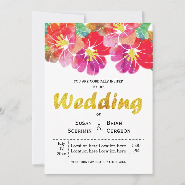Watercolor and gold leaf floral summer wedding invitation (Front)