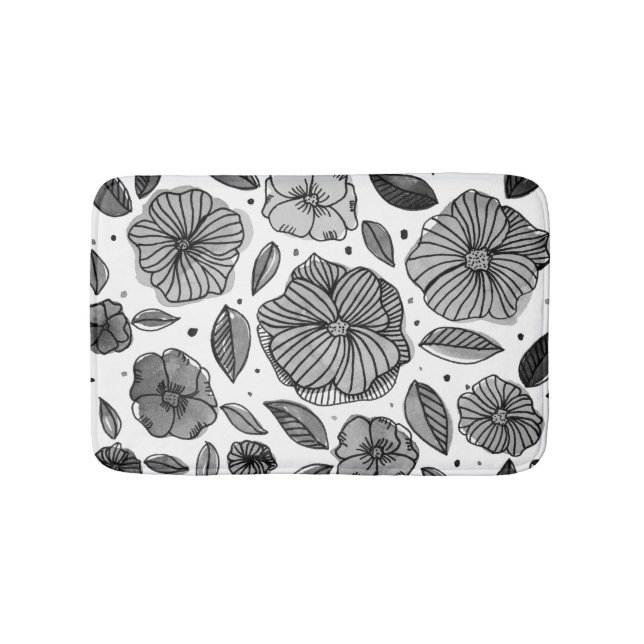 Watercolor and ink flowers – black and white bath mat (Front)