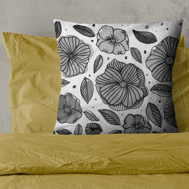 Watercolor and ink flowers – black and white cushion (Creator Uploaded)