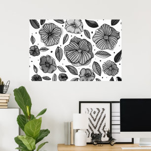 Watercolor and ink flowers – black and white poster