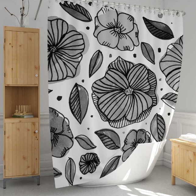 Watercolor and ink flowers – black and white shower curtain (Creator Uploaded)