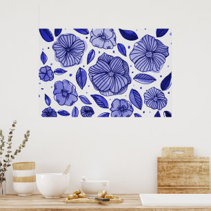 Watercolor and ink flowers – blue palette poster