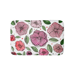 Watercolor and ink flowers – pink and green bath mat