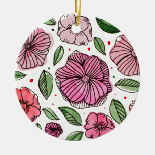 Watercolor and ink flowers – pink and green ceramic tree decoration