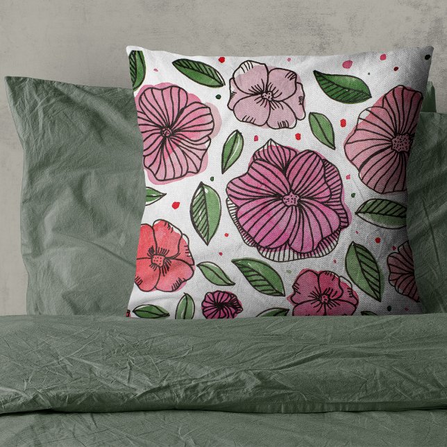 Watercolor and ink flowers – pink and green cushion (Creator Uploaded)