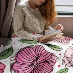 Watercolor and ink flowers – pink and green fleece blanket