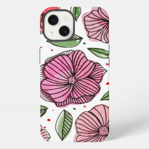 Watercolor and ink flowers – pink and green iPhone 13 case