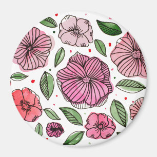 Watercolor and ink flowers – pink and green magnet