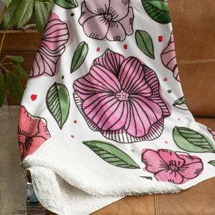 Watercolor and ink flowers – pink and green sherpa blanket