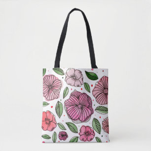 Watercolor and ink flowers – pink and green tote bag