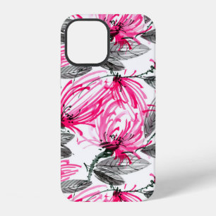Watercolor and ink illustration of red flower with iPhone 12 case