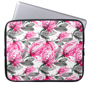Watercolor and ink illustration of red flower with laptop sleeve