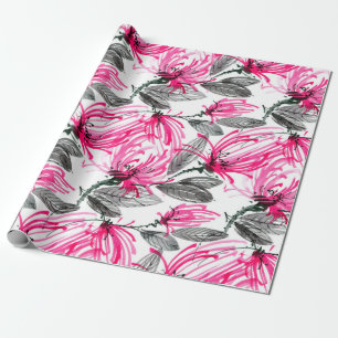 Watercolor and ink illustration of red flower with wrapping paper