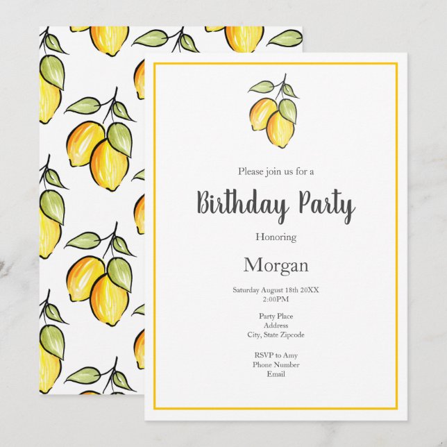 Watercolor and Ink Lemons and Pattern Invitation (Front/Back)