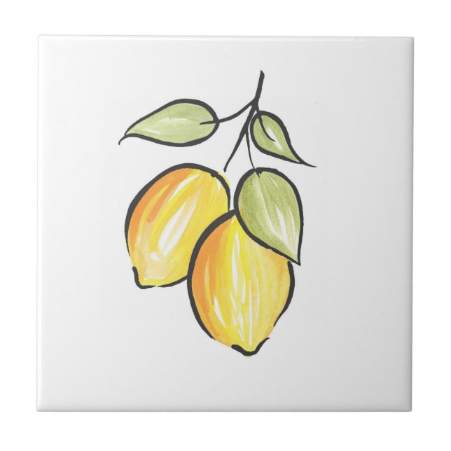 Watercolor and Ink Lemons Ceramic Tile (Front)