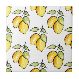 Watercolor and Ink Lemons Pattern Ceramic Tile