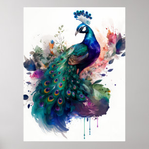 Watercolor and Ink Peacock Poster