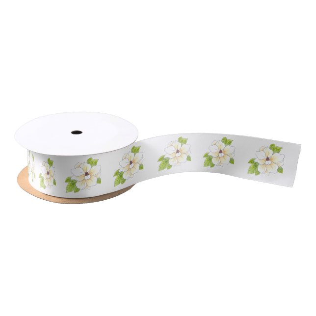 Watercolor and Pen Magnolia Flower Pattern Satin Ribbon (Spool)
