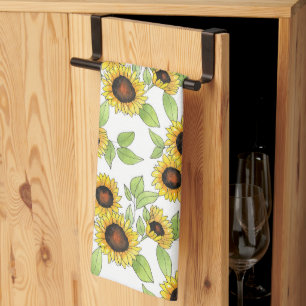 Watercolor and Pen Sunflowers Pattern Tea Towel